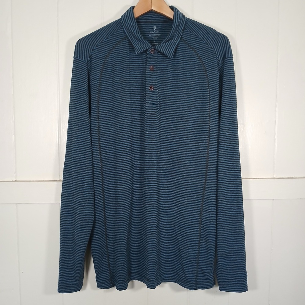 Coolibar Merino SUNTECT Polo Shirt Mens Large Blue Striped UPF 50+ Long Sleeve